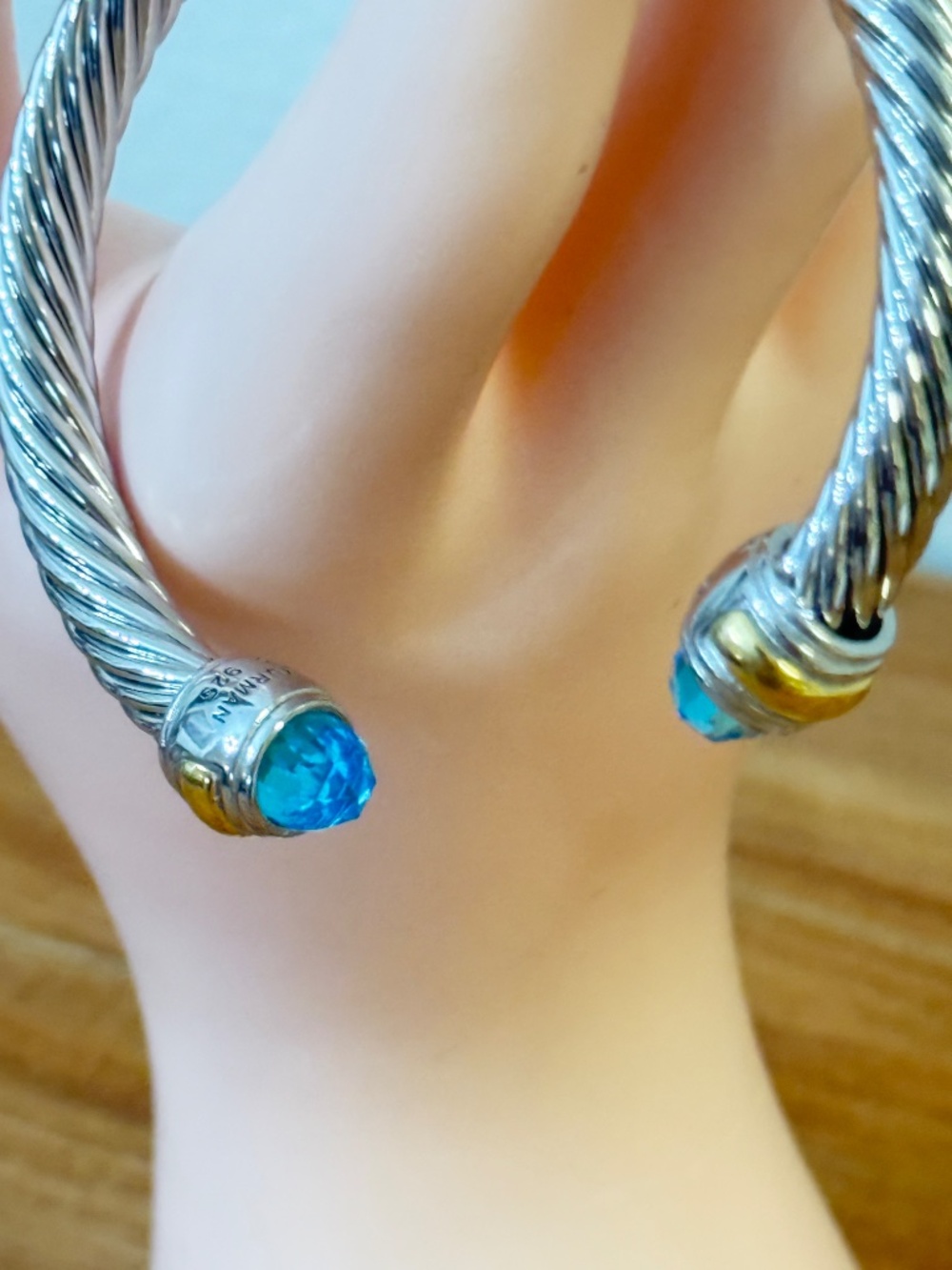 David Yurman 7mm Cable Classic Cuff Bracelet Sterling Silver 14K Gold Blue Topaz - Picture 6 of 6